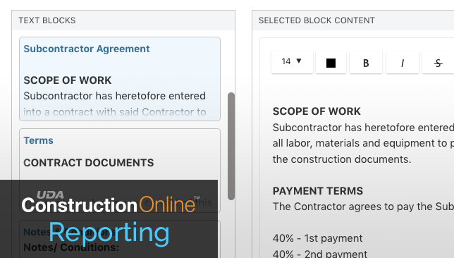 Default Text Blocks Now Available for Additional Reports in ConstructionOnline™ | #1 Rated Construction Software for Business Intelligence and Reporting
