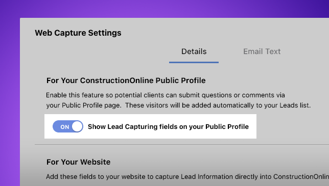 Enable Lead Capturing Option Added for Public Profiles in ConstructionOnline™
