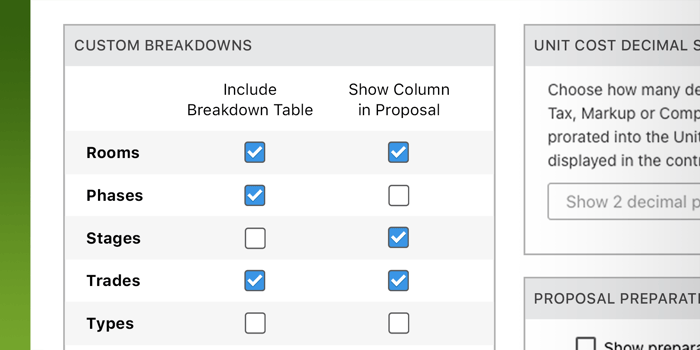 New for ConstructionOnline™ 2024: Custom Breakdown Table Options Added for OnPoint™ Proposals